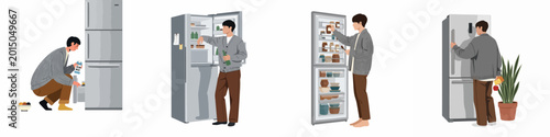 Quadro su tela Vector illustration set of a man interacting with a refrigerator in different poses, storing food and looking for snacks in a modern style
