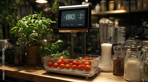 Modern Digital Scale Weighing Fresh Cherry Tomatoes in a Professional Kitchen.