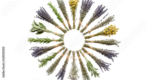 A circular arrangement of dried herbs and flowers including lavender, rosemary, and sage.