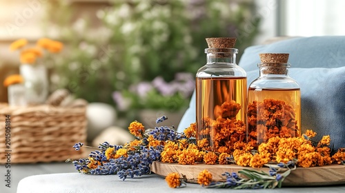Natural Marigold Essential Oil Bottles with Fresh Flowers and Lavender for Spa.
