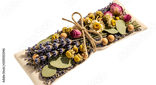 Aromatic sachet filled with dried lavender, rosebuds, chamomile, and eucalyptus leaves tied with.