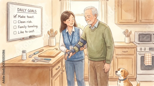 Occupational therapist helping a stroke patient relearn daily tasks in a kitchen setting
