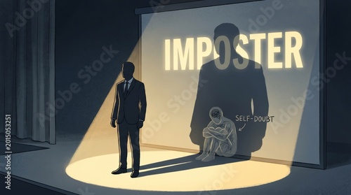 Imposter syndrome depicted as a figure in spotlight with a smaller shadow of self-doubt