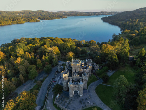 Принти на полотні Aerial High‑Angle Shot of Neo‑Gothic 1800s Wray Castle, Windermere, Lake Distric