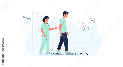 Physical therapist assisting patient in gait analysis on pressure-sensitive floor