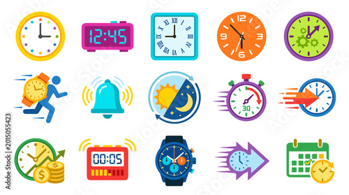 Time Management and Clock Vector Icon Set Featuring Alarm Clocks, Stopwatch, Calendar, Digital Timer, and Scheduling Symbols for Productivity Designs