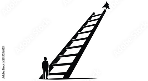 Obraz na plátně A lone figure gazes up at a dramatically angled ladder reaching skyward