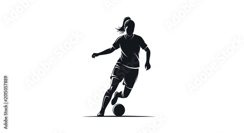 Tableau sur toile Silhouette of a Woman Soccer Player Dribbling Ball on White Background