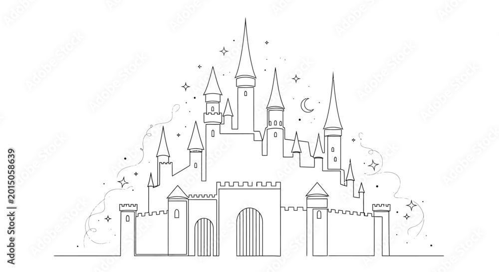 Naklejka premium Enchanting Fairytale Castle Silhouette with Stars and Sparkles