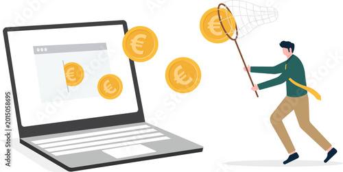 Fotografía Professional catching gold euro from laptop with net