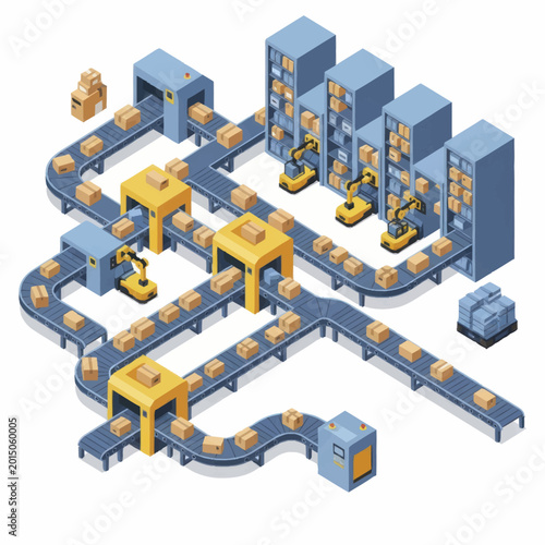 Automated Warehouse Conveyor System with Robotic Arms and Boxes.