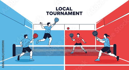 Vibrant Paddle Tennis Tournament Illustration Depicting Intense Competition Action on the Court