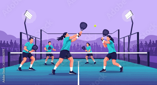 Vibrant Paddle Tennis Tournament Illustration Capturing Intense Gameplay and Competitive Atmosphere