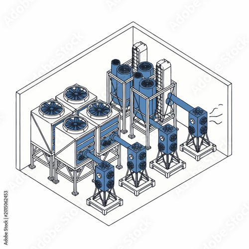Industrial cooling tower system diagram isometric view.
