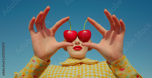 Retro woman holding cherries over eyes against vibrant blue sky. Playful surreal summer fashion concept with minimalist aesthetic and copy space. AI generated