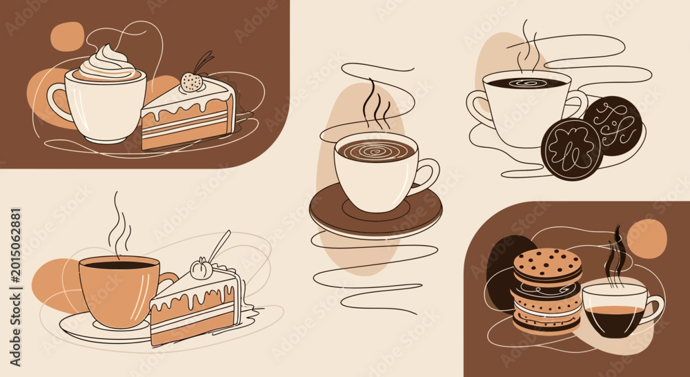 Fototapeta premium Cozy Coffee Break: Abstract Line Art of Coffee Cups, Cakes, and Cookies