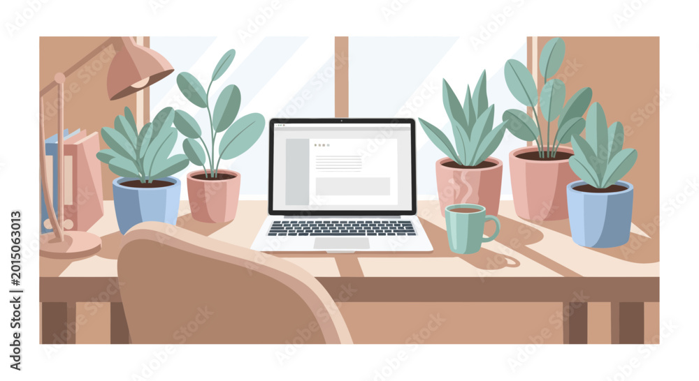 Obraz premium Cozy Home Office Desk with Laptop, Plants, and Coffee - Remote Work Setup