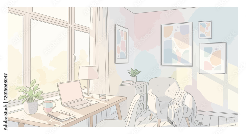 Obraz premium Cozy Home Office with Natural Light, Laptop, and Abstract Art