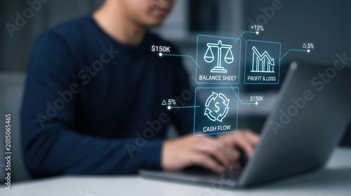 Corporate Financial Review and Accounting Concept: Businessman with Holographic Balance Sheet, Profit and Loss Statement, and Cash Flow Grid Interface