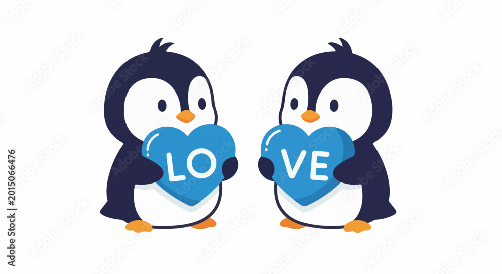 Fototapeta premium Two cartoon penguins holding blue heart shapes spelling out 
