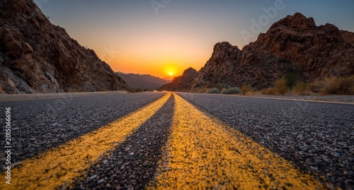Open asphalt road with yellow lines leading to desert mountains at sunset