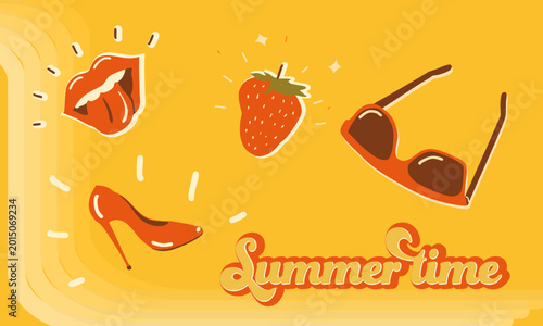 Retro, summer elements collection, lips tongue, sunglasses, strawberry, vector set