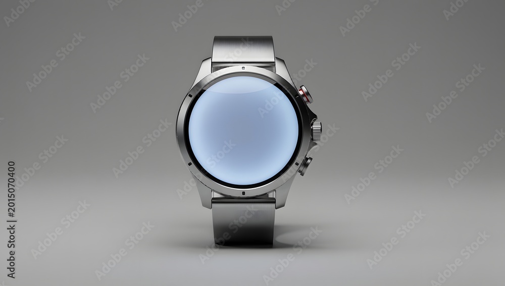 Fototapeta premium Metallic Smartwatch Displaying Blank Screen on Gray Background for Technology Mockup