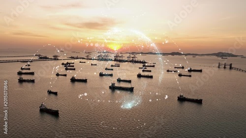 Glowing digital network dome and connection lines overlaid on a fleet of cargo ships at a busy commercial port during sunset. Smart maritime logistics, global trade connectivity, and IoT supply chain 