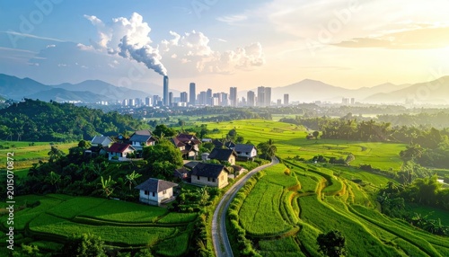 Scenic landscape with houses fields mountains and industrial city backdrop