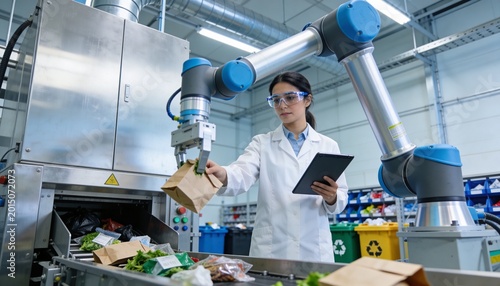 Woman in a white lab coat holds a tablet. She wears glasses and checks the robotic arm. The robotic arm grabs a cardboard box. Vegetables move on a conveyor belt