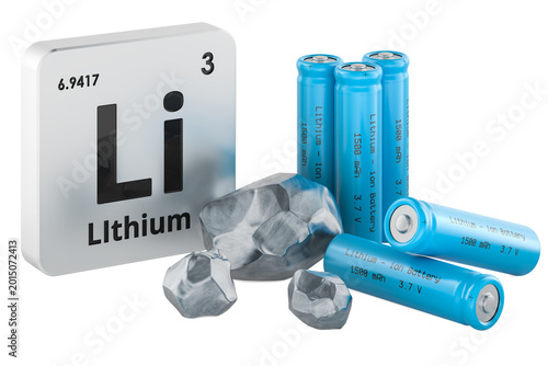 Cuadro en lienzo Periodic table sign for lithium element with metallic ore pieces and blue lithium-ion batteries isolated on white background