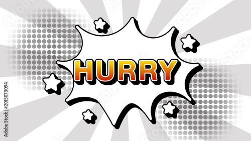 Hurry text word lettering popup comic cartoon reveal with bomb and smoke explosion manga anime book page dots with radial speed lines doodle white background with seamless loop animation retro