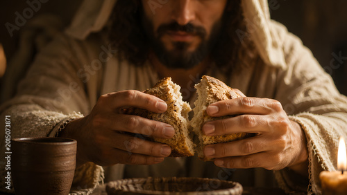 A closeup of jesus breaking bread during the last supper