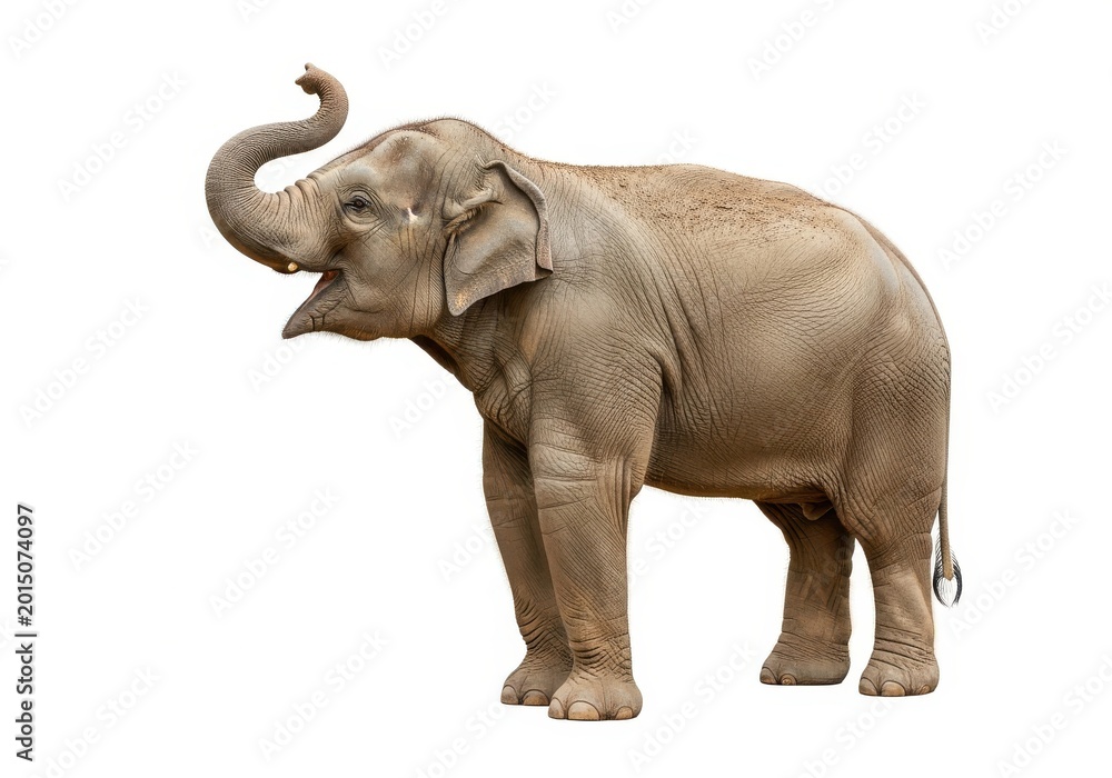 Obraz premium Large Asian Elephant Standing with Trunk Raised and Mouth Open Isolate