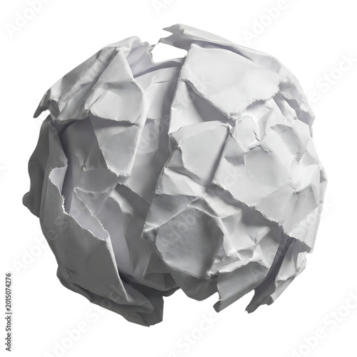 Crumpled white paper ball with many creases and folds isolated on transparent background representing waste recycling or failed creative idea in office environment.
