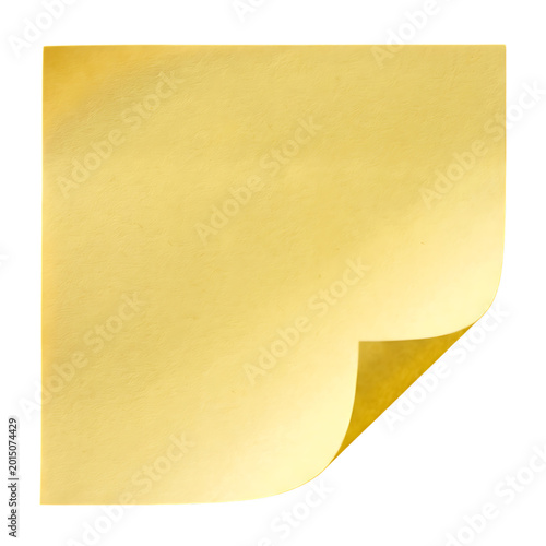 Yellow square sticky note with curled corner peeling away from transparent background for business reminders and office organization tasks or school message notices.