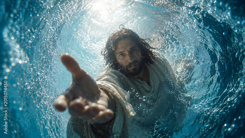 Jesus christ reaching out from underwater towards the viewer