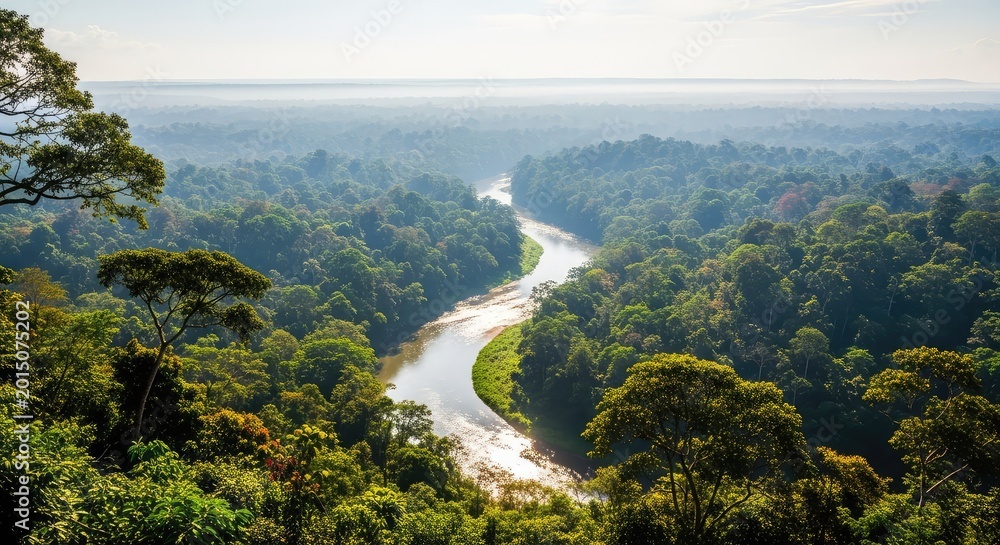 Obraz premium Stunning aerial perspective of a winding river snaking through a vast green tropical jungle with dense canopy trees and misty horizons, vegetation, wild, canopy