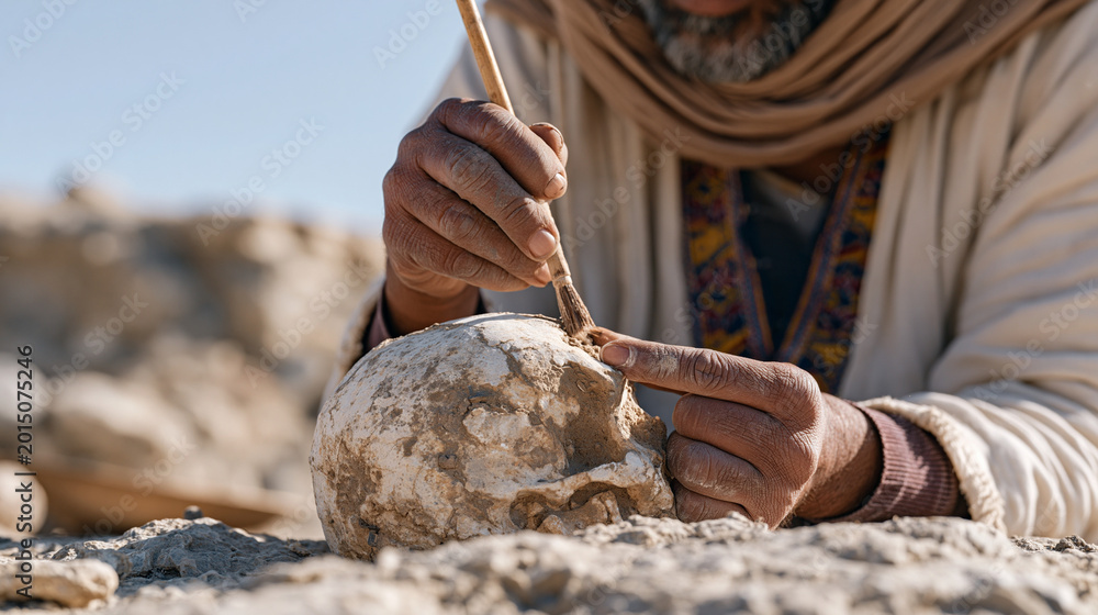 Obraz premium Human evolution fossil discovery in arid Ethiopian highland excavation site, paleoanthropologist brushing sediment from ancient skull fragment, archaeological dig, field science,