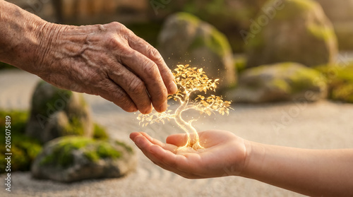 elderly hand passing tree of life to child hand glowing legacy transfer in stone garden symbolizing ancestry growth resilience family roots guidance renewal continuity and future hope
