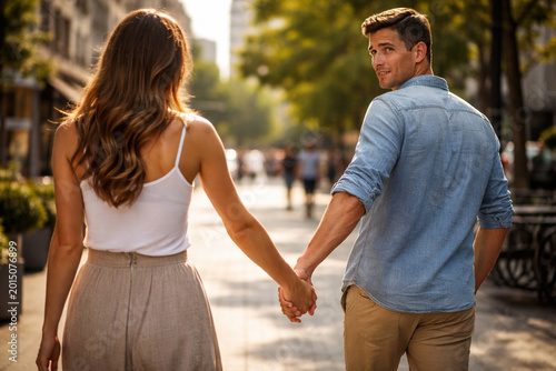 Couple Holding Hands While Walking Through Modern City Street