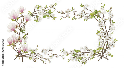 Rectangular floral frame with pink magnolia blossoms and white cherry blossom branches arranged on a solid black background