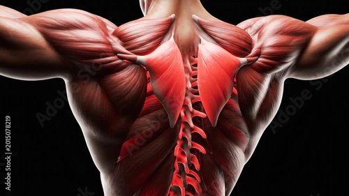 Detailed 3D illustration of human back muscle anatomy and spine on a black background