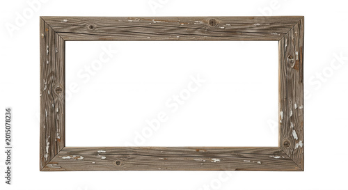 Rectangular frame made of weathered brown wood with distressed white paint patches and visible grain, isolated on a black background
