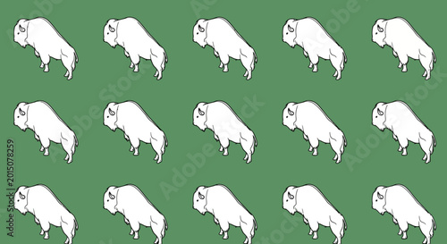 A repeating pattern of white bison illustrations on a solid green background, arranged in rows and columns.