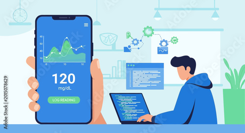 Diabetes monitoring app on smartphone with data analysis and coding in background