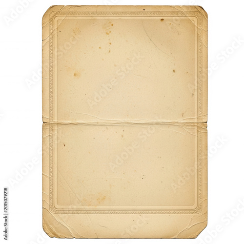 Rectangular piece of aged, folded paper with a decorative border, featuring stained, yellowed texture and worn edges on a black background