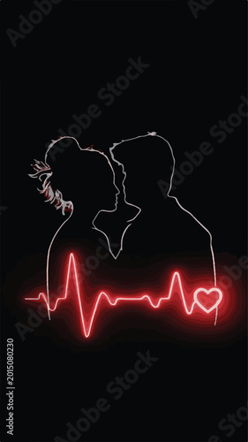 Couple Silhouette With Heartbeat Line And Heart love