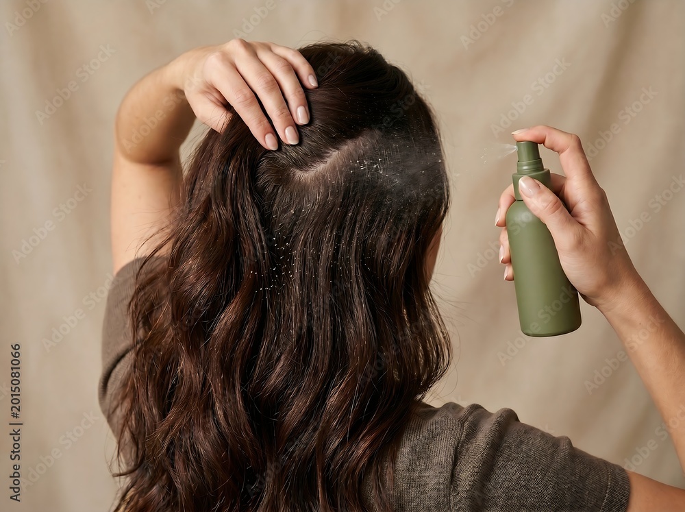 Fototapeta premium A person from behind applying a spray product to their dark wavy hair and scalp for hair care.
