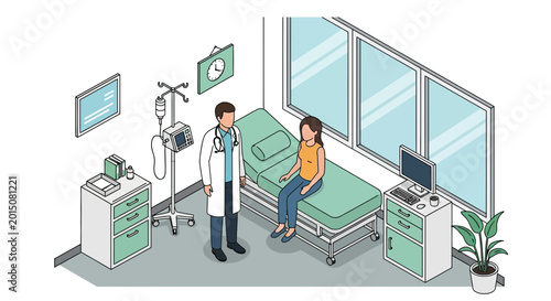 Doctor consulting patient in examination room with medical equipment and large window